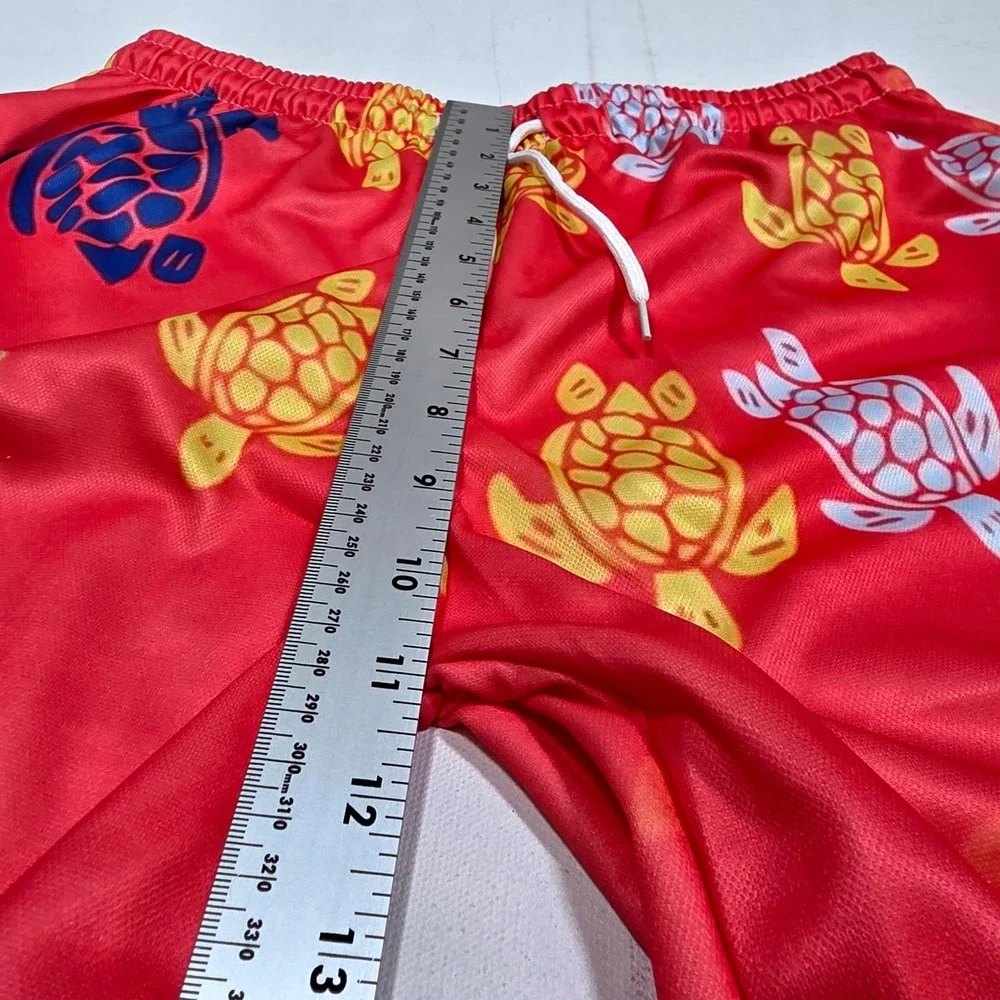 Turtle Print Athletic Shorts Mens Small Red Mesh Casual Beach Summer Tropical